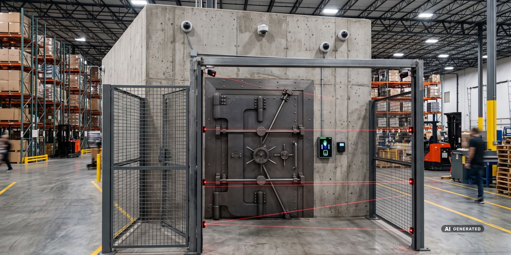 Hochsicheres Wertgutlager als Raum-im-Raum-Lösung in einer Logistikimmobilie mit massiver Stahltür, biometrischem Scanner und Videoüberwachung.